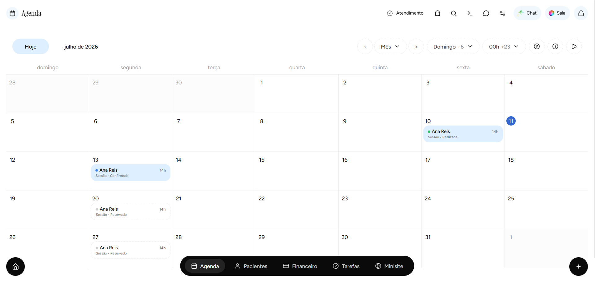 Agenda de atendimentos no app Psi Lu