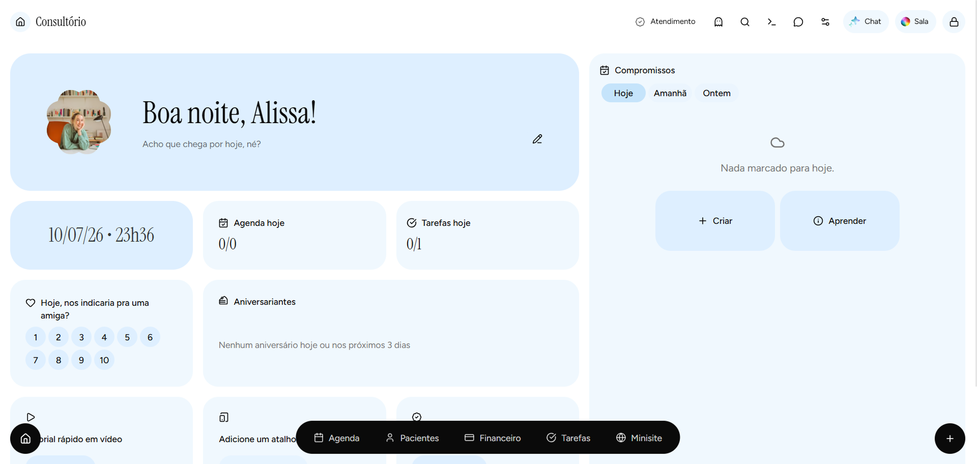Tela inicial do app Psi Lu com visão geral da plataforma