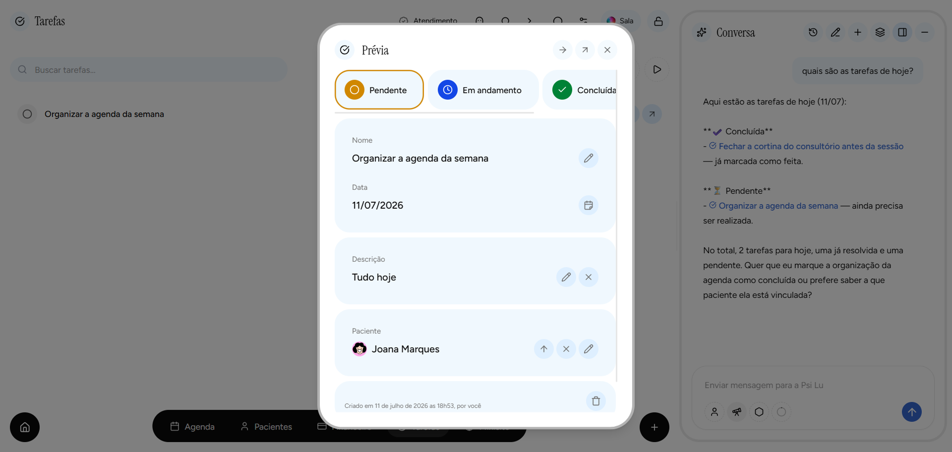 Consulta de tarefas com inteligência artificial no app Psi Lu