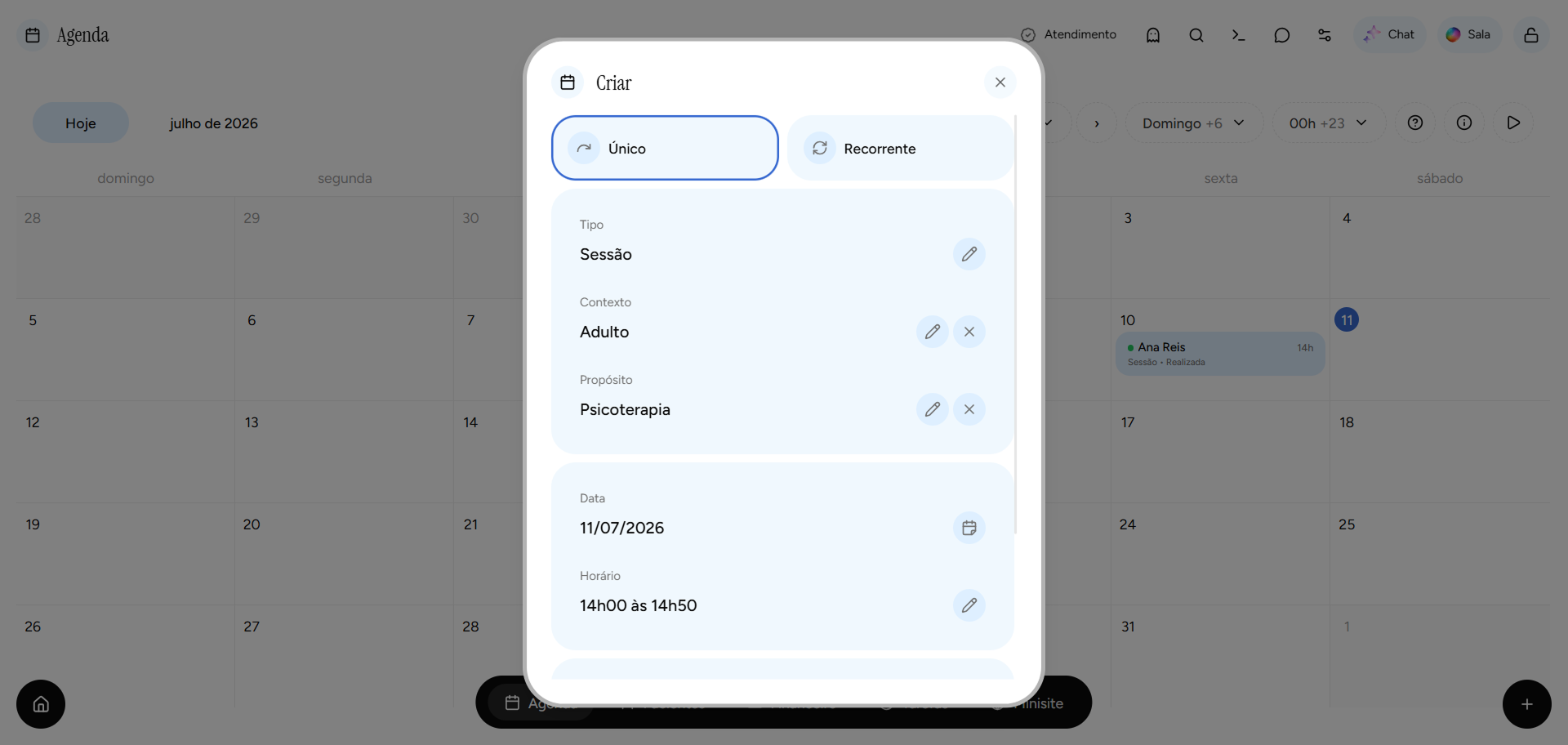 Tela de criação de evento na agenda do app Psi Lu