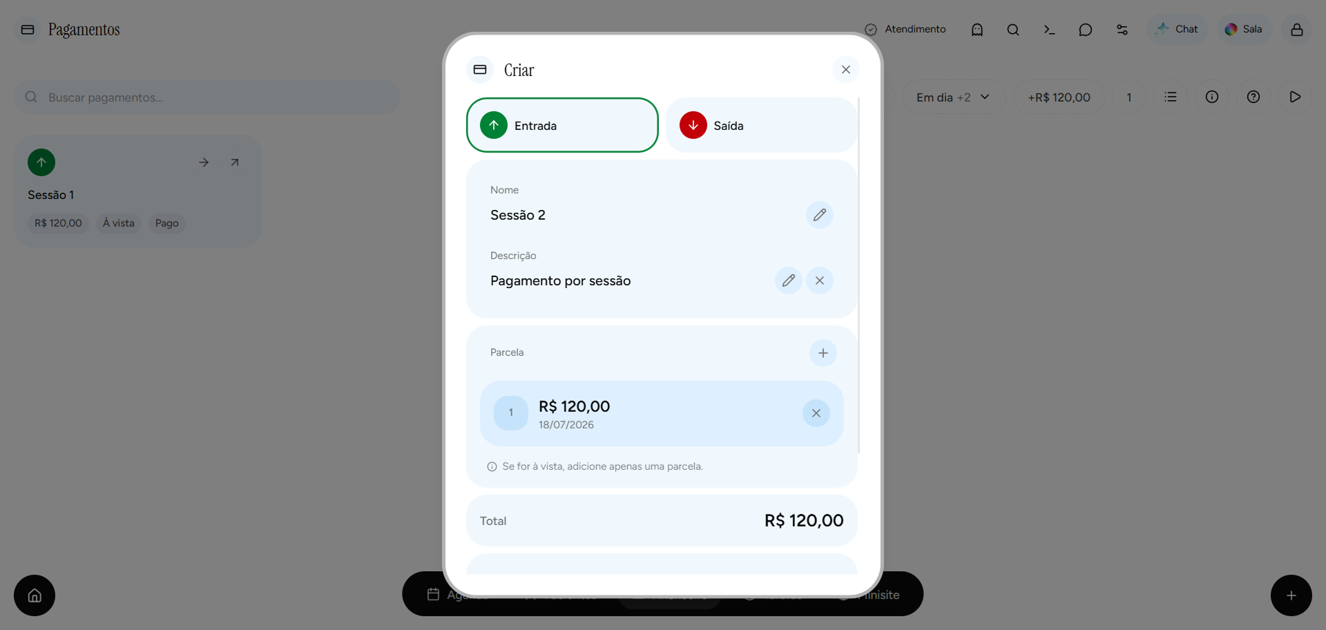 Tela de criação de pagamento no app Psi Lu