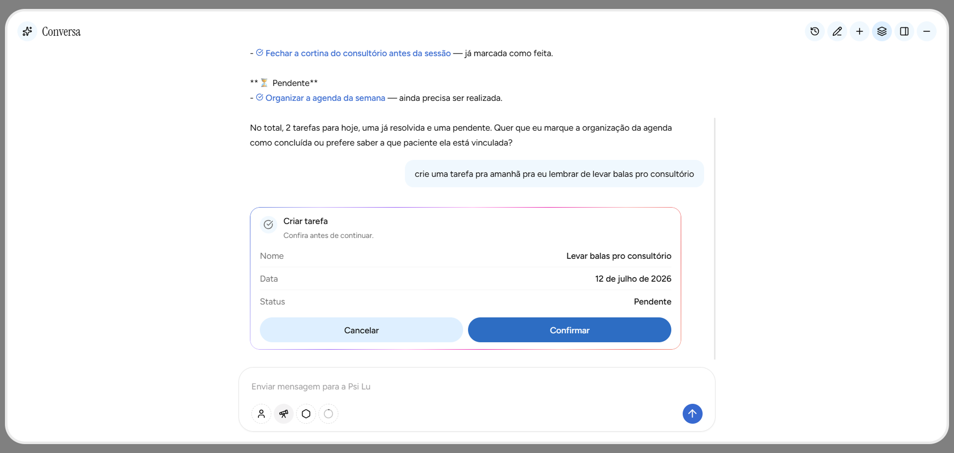 Criação de tarefa com inteligência artificial no app Psi Lu