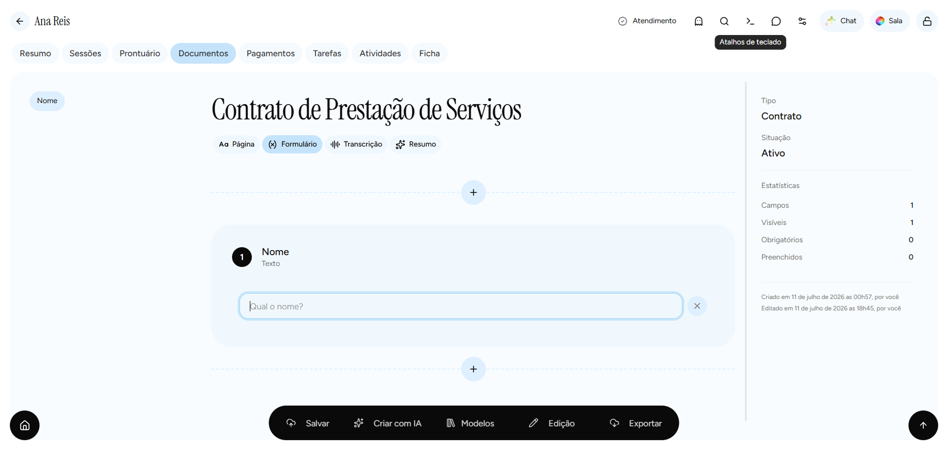 Editor de formulário de documento no app Psi Lu