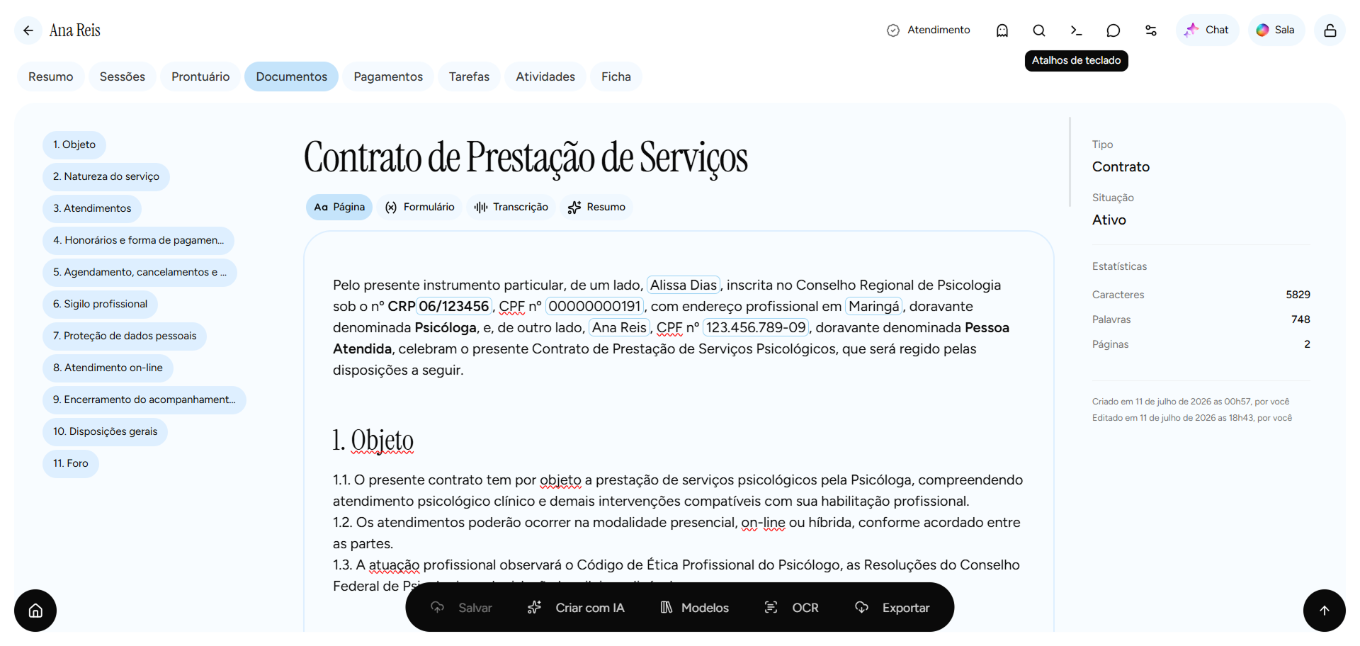 Editor de página de documento no app Psi Lu