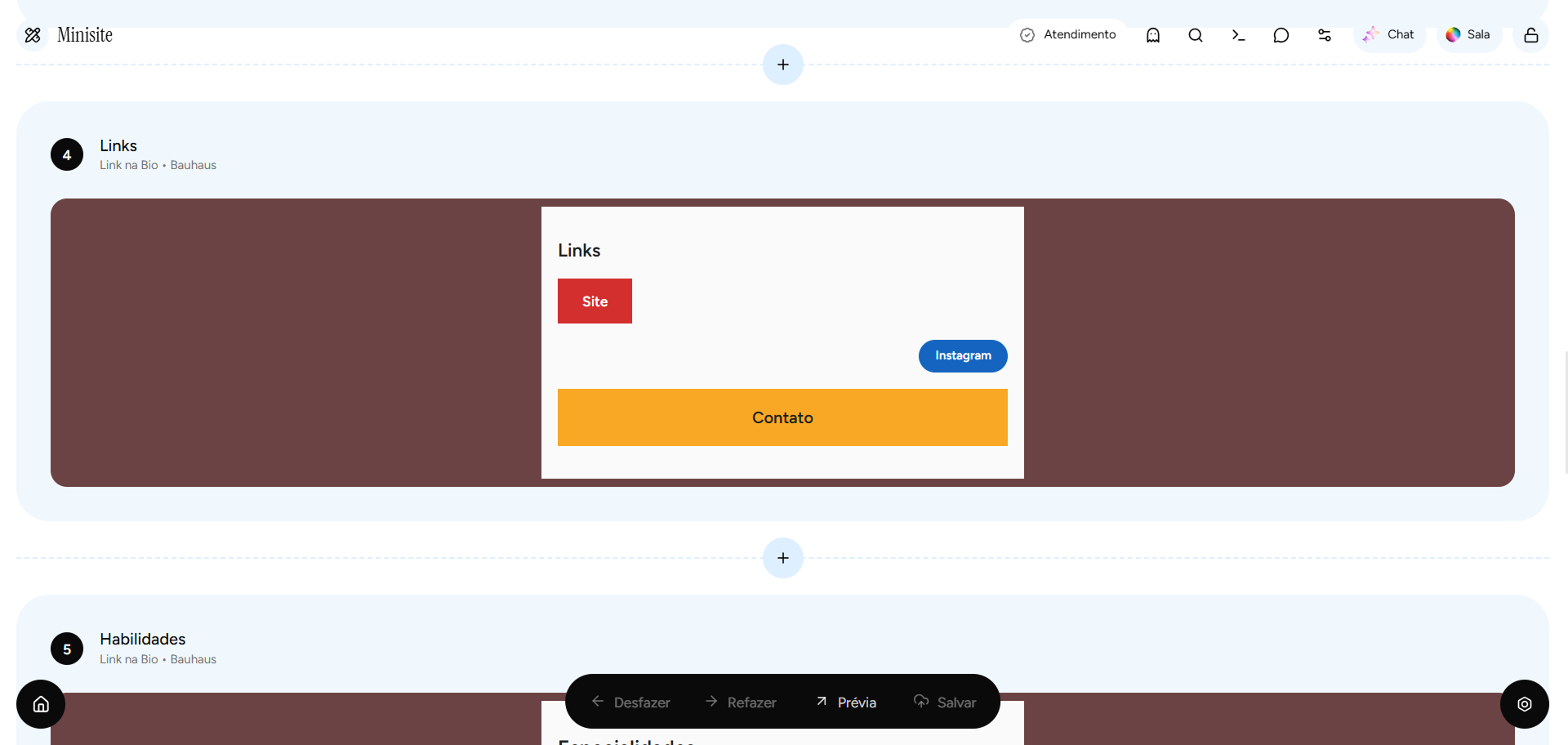 Editor do minisite no app Psi Lu