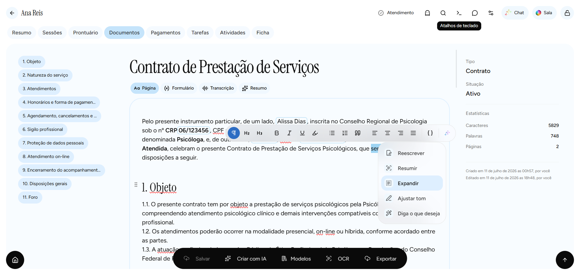 Inteligência artificial aplicada a documentos no app Psi Lu
