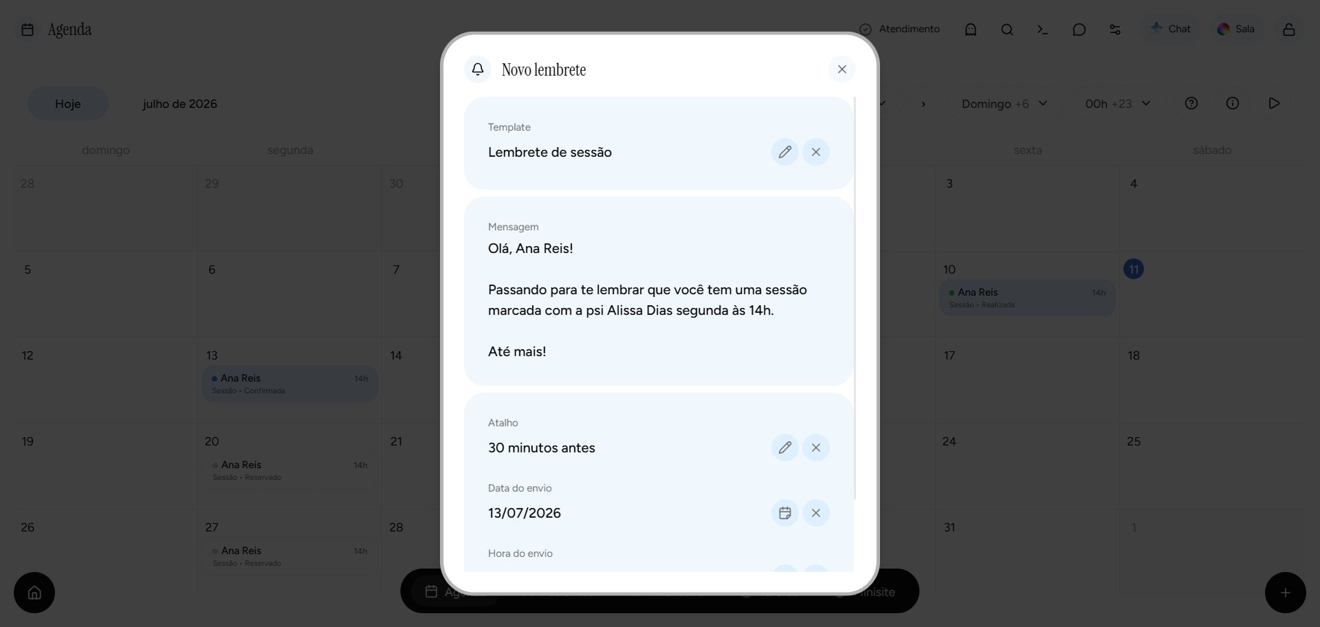 Lembrete de atendimento por WhatsApp no app Psi Lu