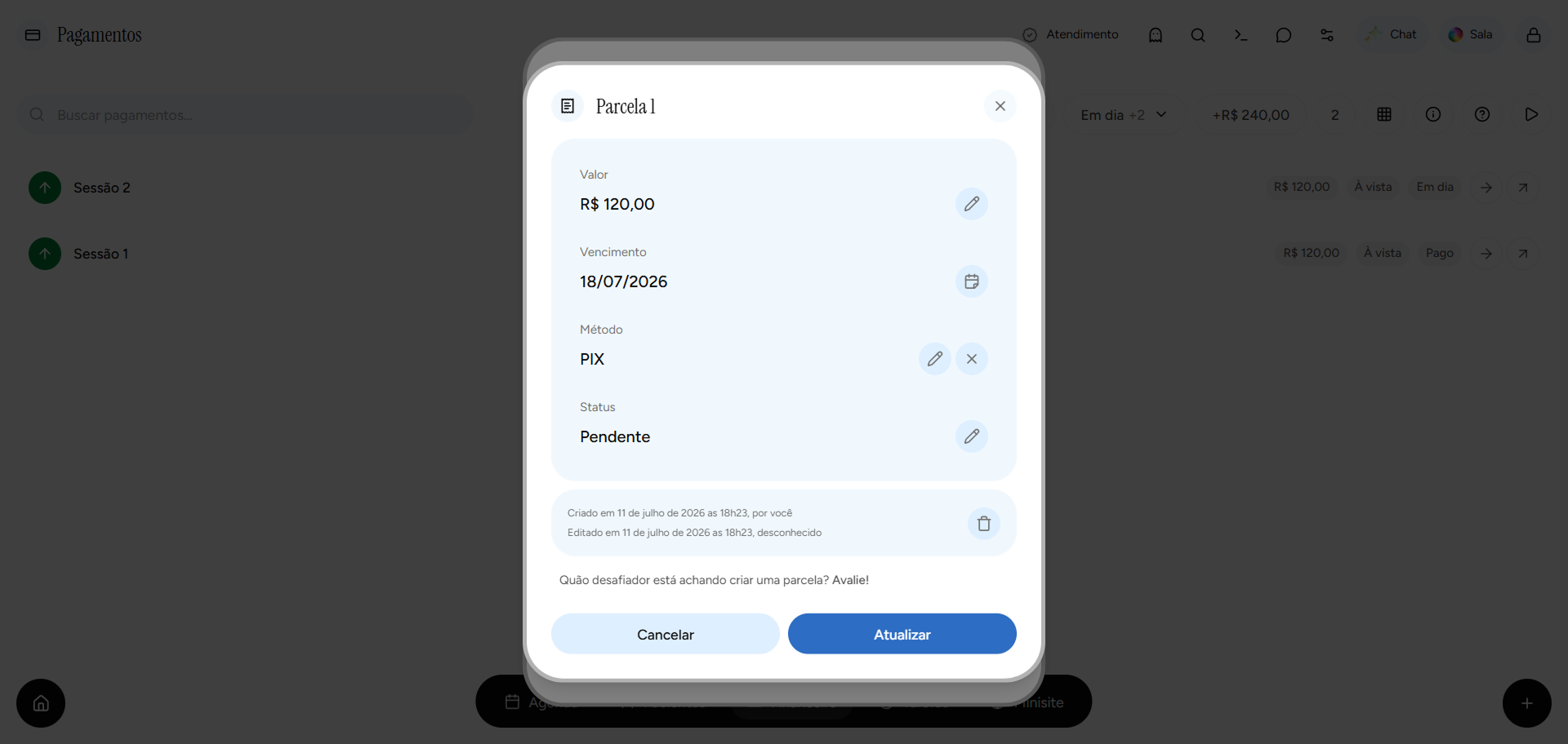 Detalhes da parcela de pagamento no app Psi Lu