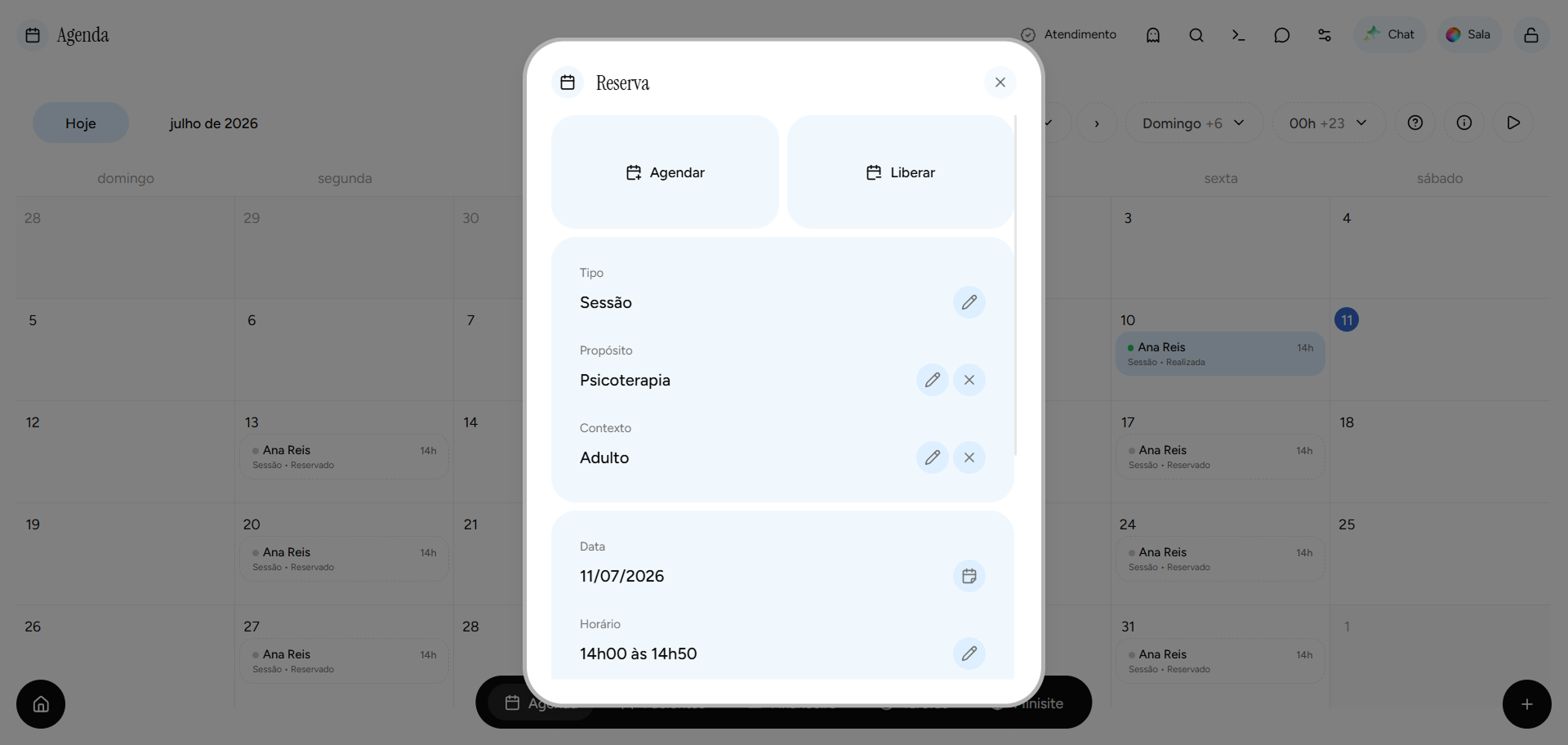 Prévia de ocorrência clínica no app Psi Lu