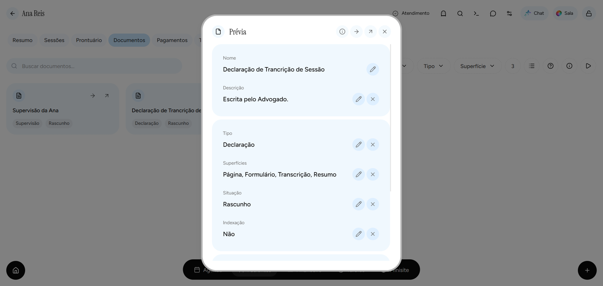 Prévia de documento clínico no app Psi Lu
