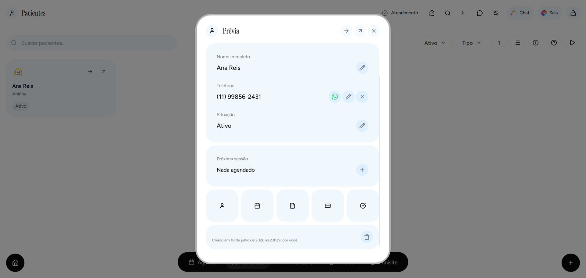 Prévia do paciente com informações principais no app Psi Lu