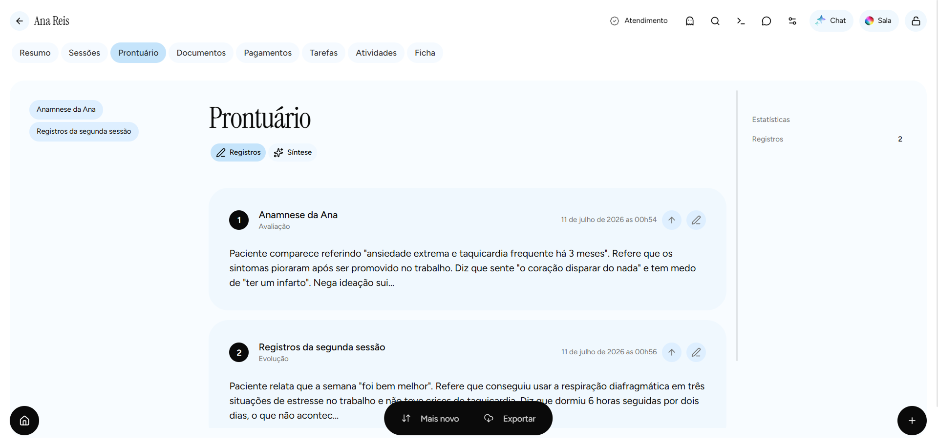 Prontuário do paciente no app Psi Lu