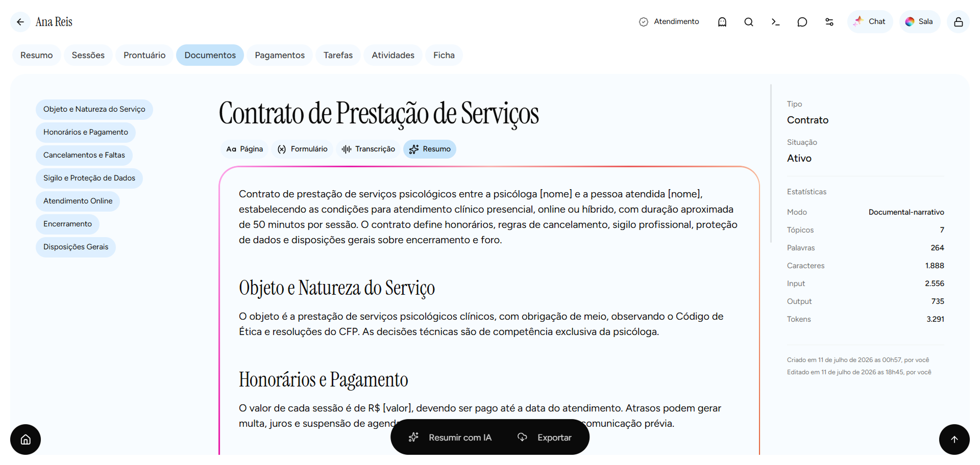 Resumo de documento clínico no app Psi Lu