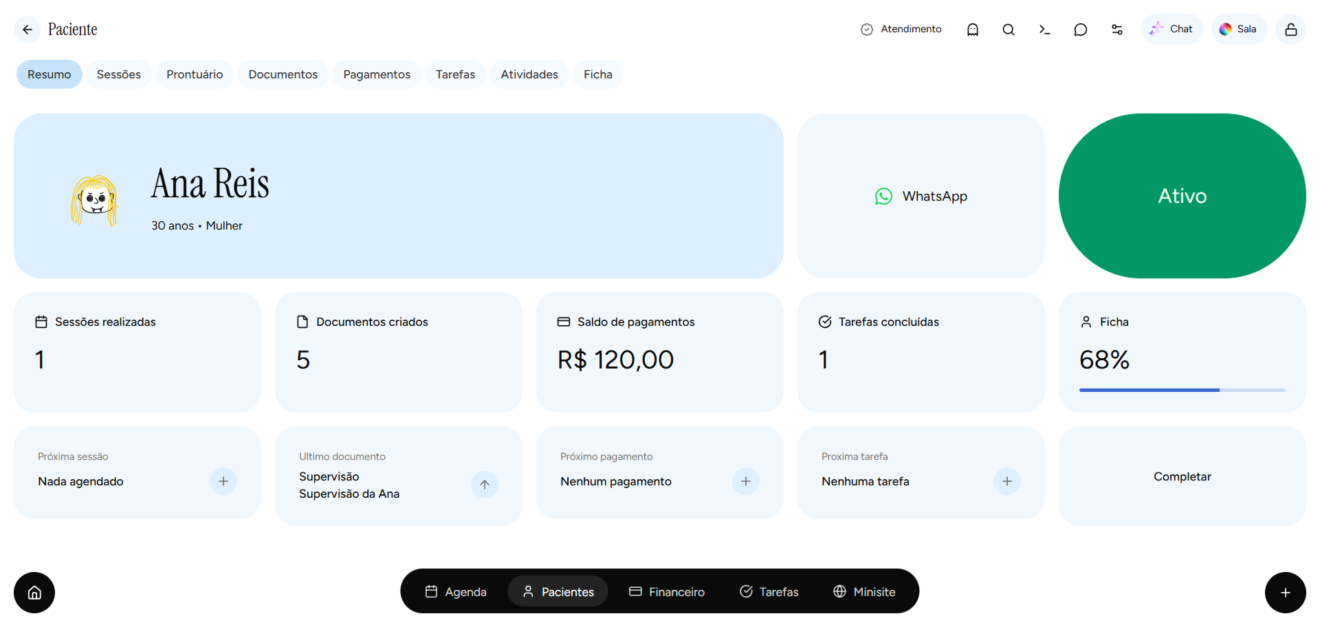 Resumo do paciente no app Psi Lu